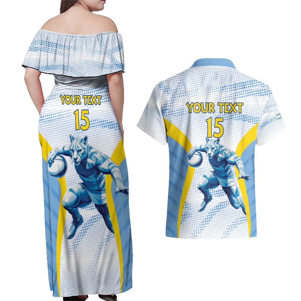 Argentina Rugby Custom Couples Matching Off Shoulder Maxi Dress and Hawaiian Shirt Pumas Mascot - Sporty Style