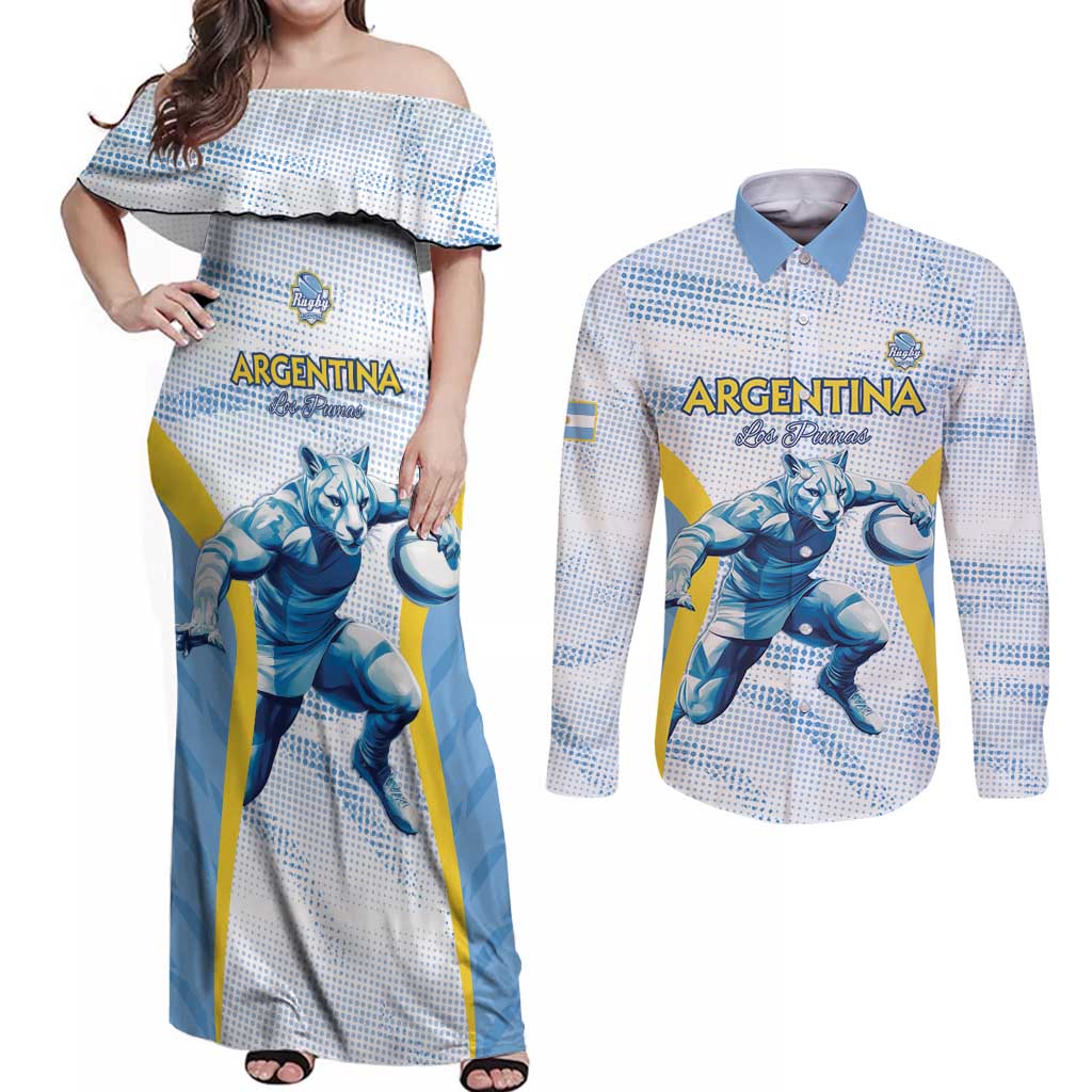 Argentina Rugby Custom Couples Matching Off Shoulder Maxi Dress and Long Sleeve Button Shirt Pumas Mascot - Sporty Style