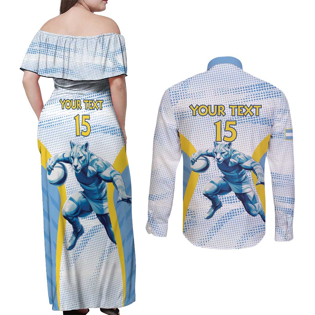 Argentina Rugby Custom Couples Matching Off Shoulder Maxi Dress and Long Sleeve Button Shirt Pumas Mascot - Sporty Style