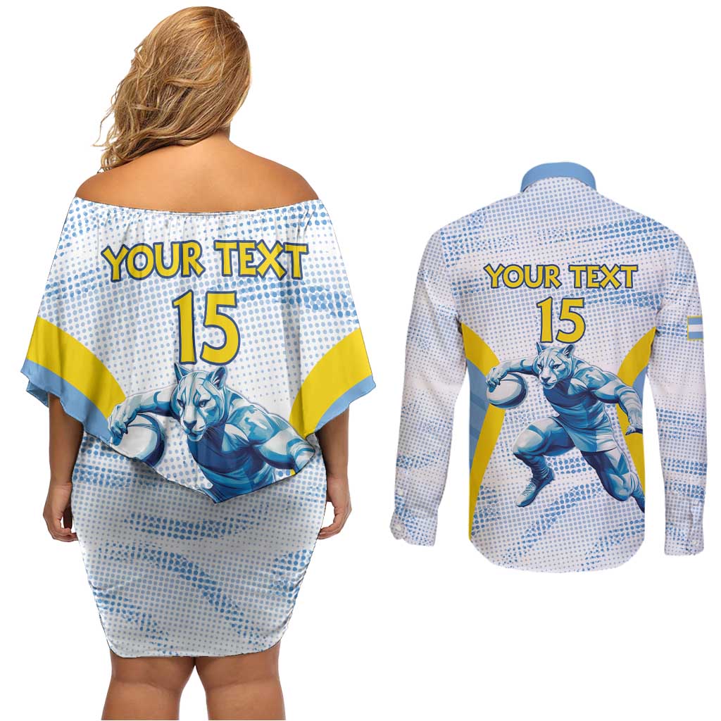 Argentina Rugby Custom Couples Matching Off Shoulder Short Dress and Long Sleeve Button Shirt Pumas Mascot - Sporty Style
