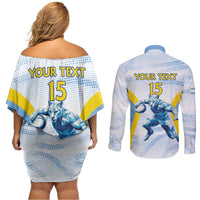Argentina Rugby Custom Couples Matching Off Shoulder Short Dress and Long Sleeve Button Shirt Pumas Mascot - Sporty Style