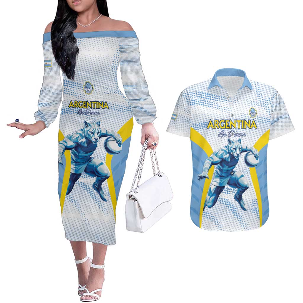 Argentina Rugby Custom Couples Matching Off The Shoulder Long Sleeve Dress and Hawaiian Shirt Pumas Mascot - Sporty Style