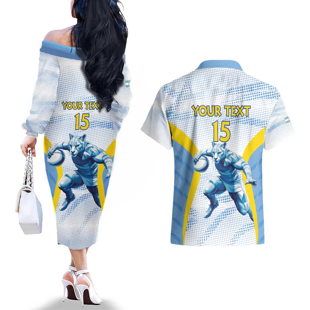 Argentina Rugby Custom Couples Matching Off The Shoulder Long Sleeve Dress and Hawaiian Shirt Pumas Mascot - Sporty Style