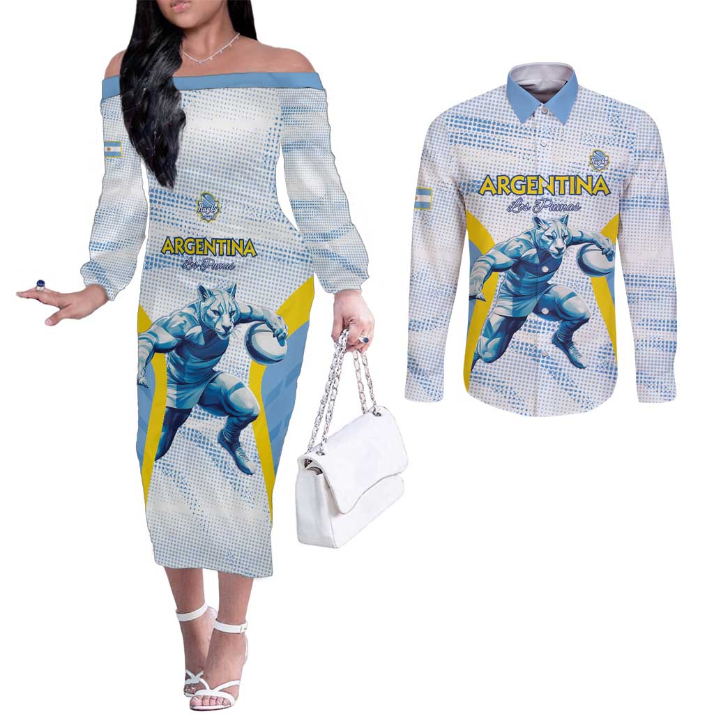 Argentina Rugby Custom Couples Matching Off The Shoulder Long Sleeve Dress and Long Sleeve Button Shirt Pumas Mascot - Sporty Style