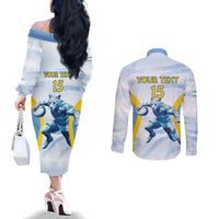 Argentina Rugby Custom Couples Matching Off The Shoulder Long Sleeve Dress and Long Sleeve Button Shirt Pumas Mascot - Sporty Style