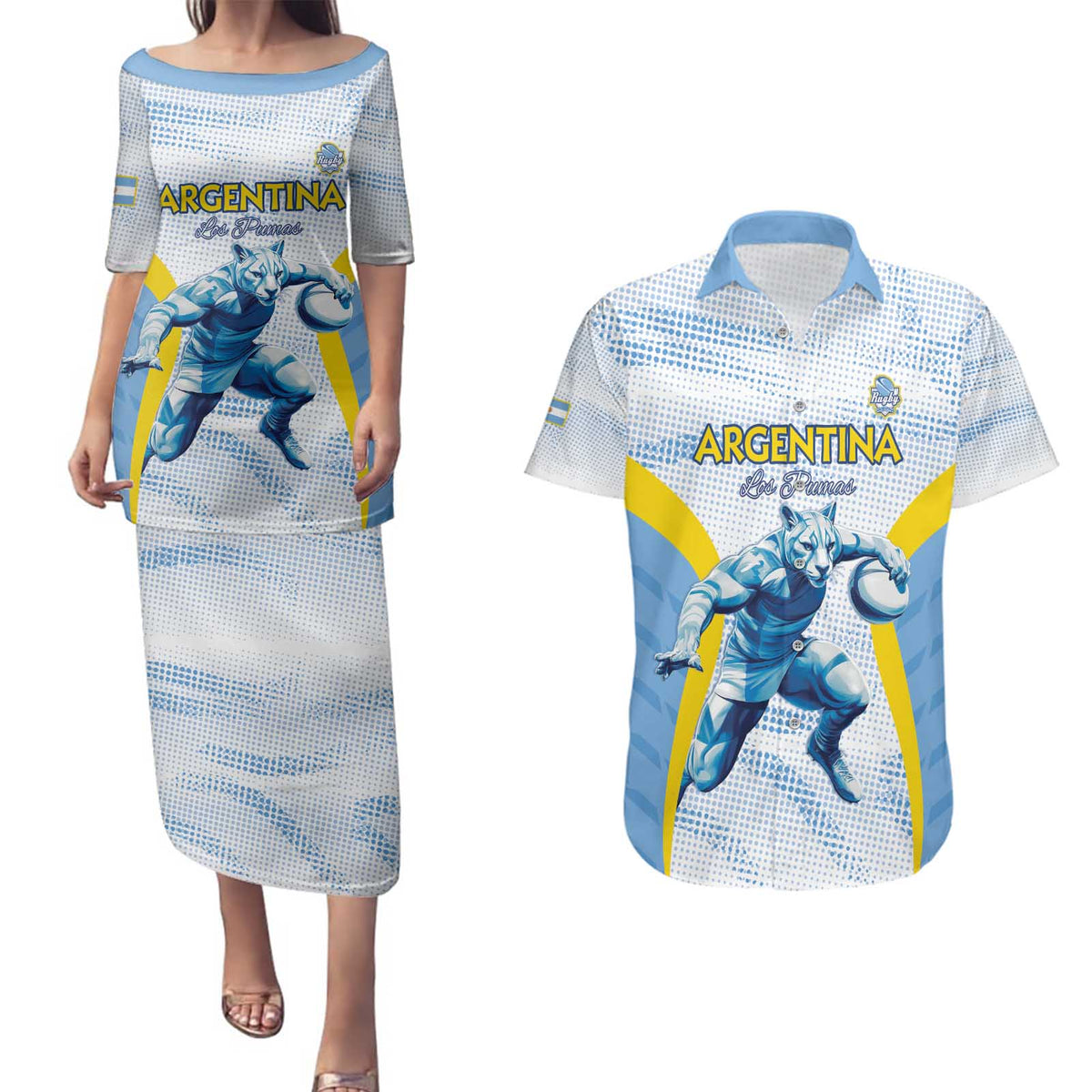 Argentina Rugby Custom Couples Matching Puletasi and Hawaiian Shirt Pumas Mascot - Sporty Style