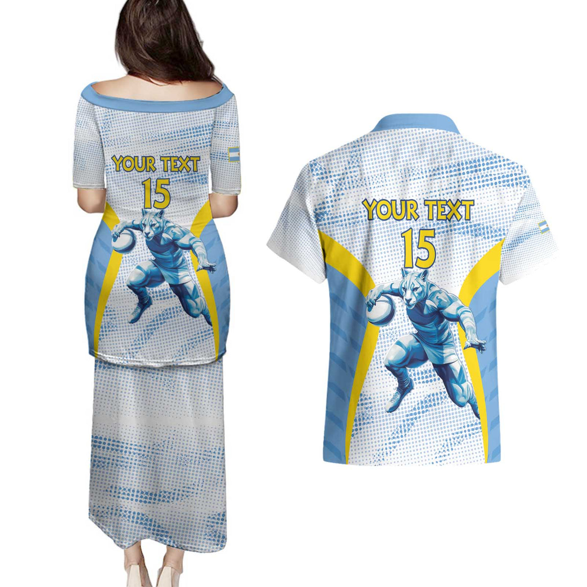 Argentina Rugby Custom Couples Matching Puletasi and Hawaiian Shirt Pumas Mascot - Sporty Style