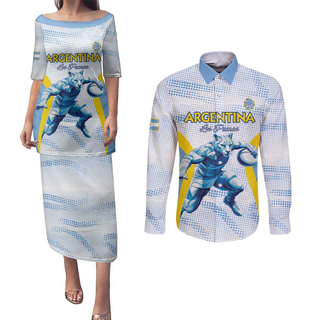 Argentina Rugby Custom Couples Matching Puletasi and Long Sleeve Button Shirt Pumas Mascot - Sporty Style