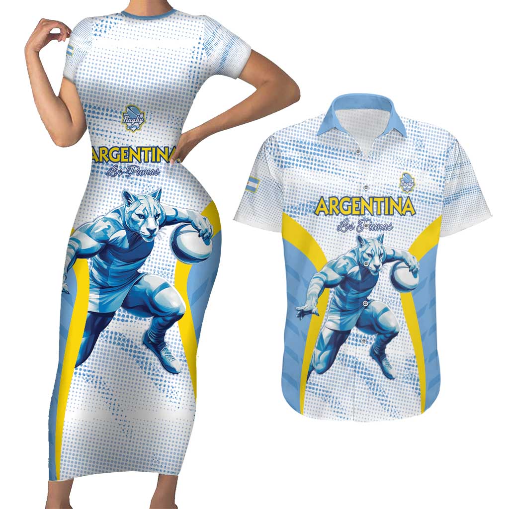 Argentina Rugby Custom Couples Matching Short Sleeve Bodycon Dress and Hawaiian Shirt Pumas Mascot - Sporty Style
