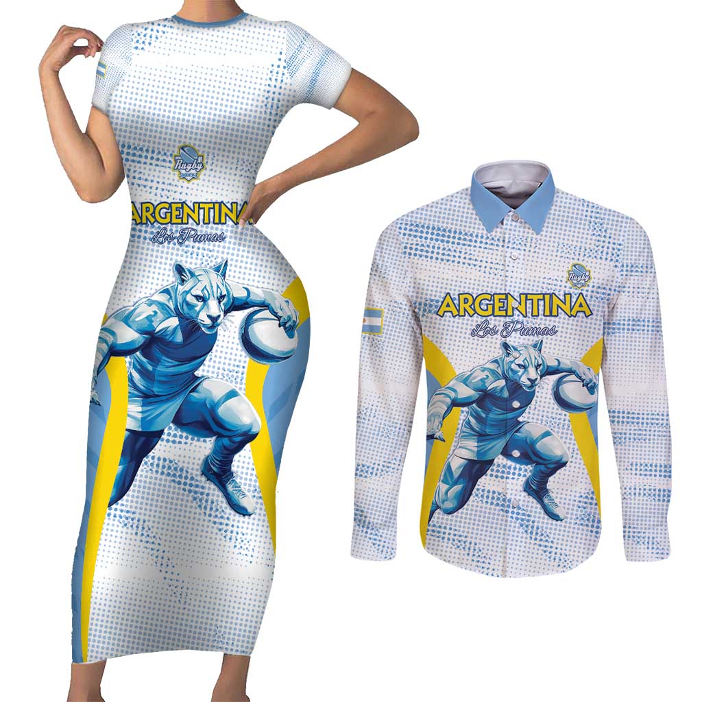 Argentina Rugby Custom Couples Matching Short Sleeve Bodycon Dress and Long Sleeve Button Shirt Pumas Mascot - Sporty Style