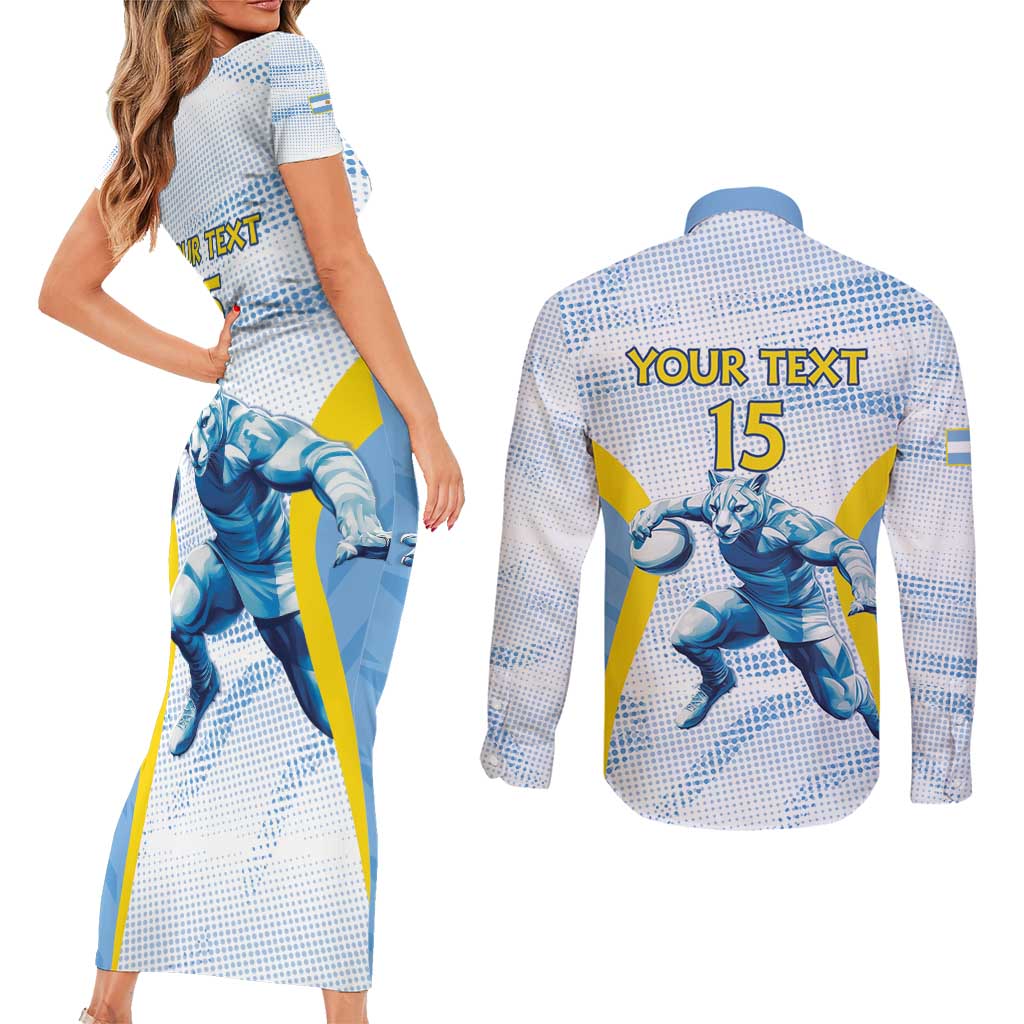 Argentina Rugby Custom Couples Matching Short Sleeve Bodycon Dress and Long Sleeve Button Shirt Pumas Mascot - Sporty Style