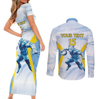 Argentina Rugby Custom Couples Matching Short Sleeve Bodycon Dress and Long Sleeve Button Shirt Pumas Mascot - Sporty Style
