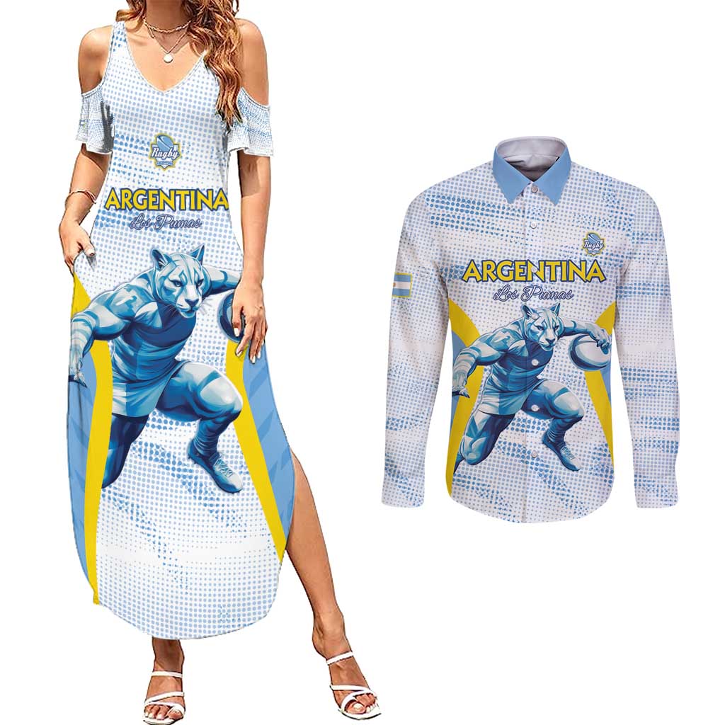 Argentina Rugby Custom Couples Matching Summer Maxi Dress and Long Sleeve Button Shirt Pumas Mascot - Sporty Style