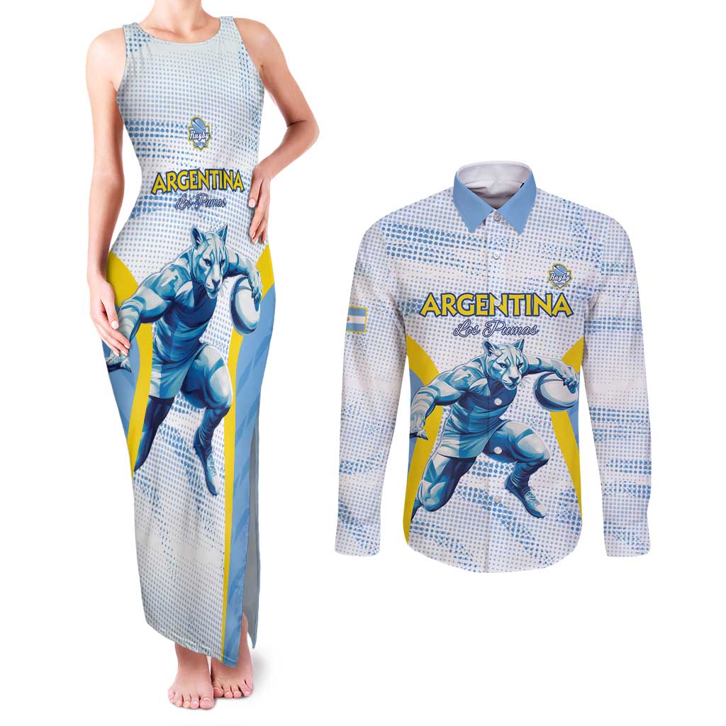 Argentina Rugby Custom Couples Matching Tank Maxi Dress and Long Sleeve Button Shirt Pumas Mascot - Sporty Style