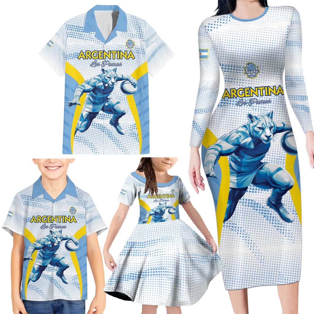 Argentina Rugby Custom Family Matching Long Sleeve Bodycon Dress and Hawaiian Shirt Pumas Mascot - Sporty Style