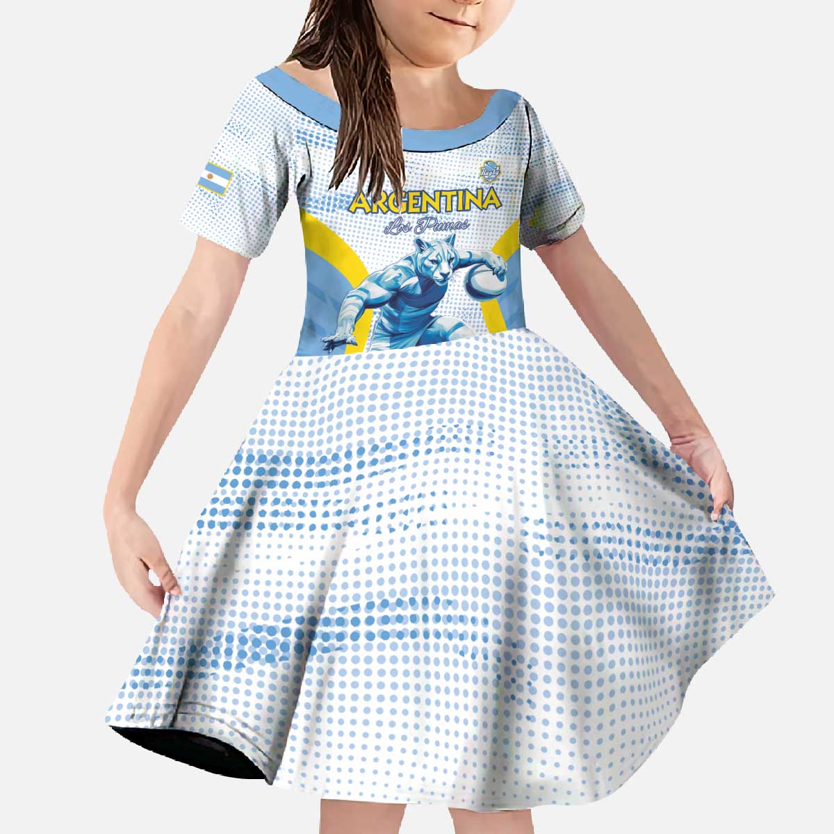 Argentina Rugby Custom Family Matching Off The Shoulder Long Sleeve Dress and Hawaiian Shirt Pumas Mascot - Sporty Style