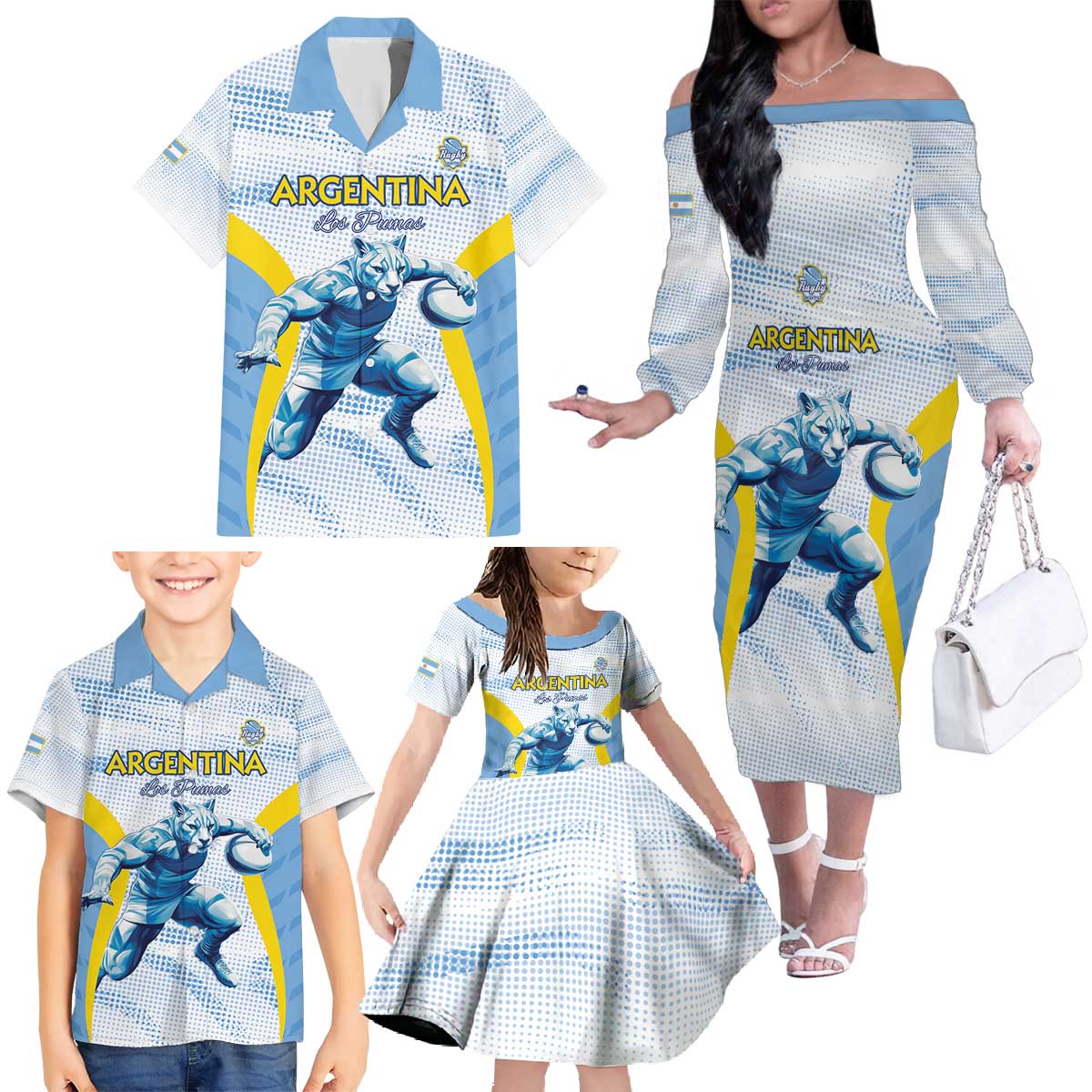 Argentina Rugby Custom Family Matching Off The Shoulder Long Sleeve Dress and Hawaiian Shirt Pumas Mascot - Sporty Style