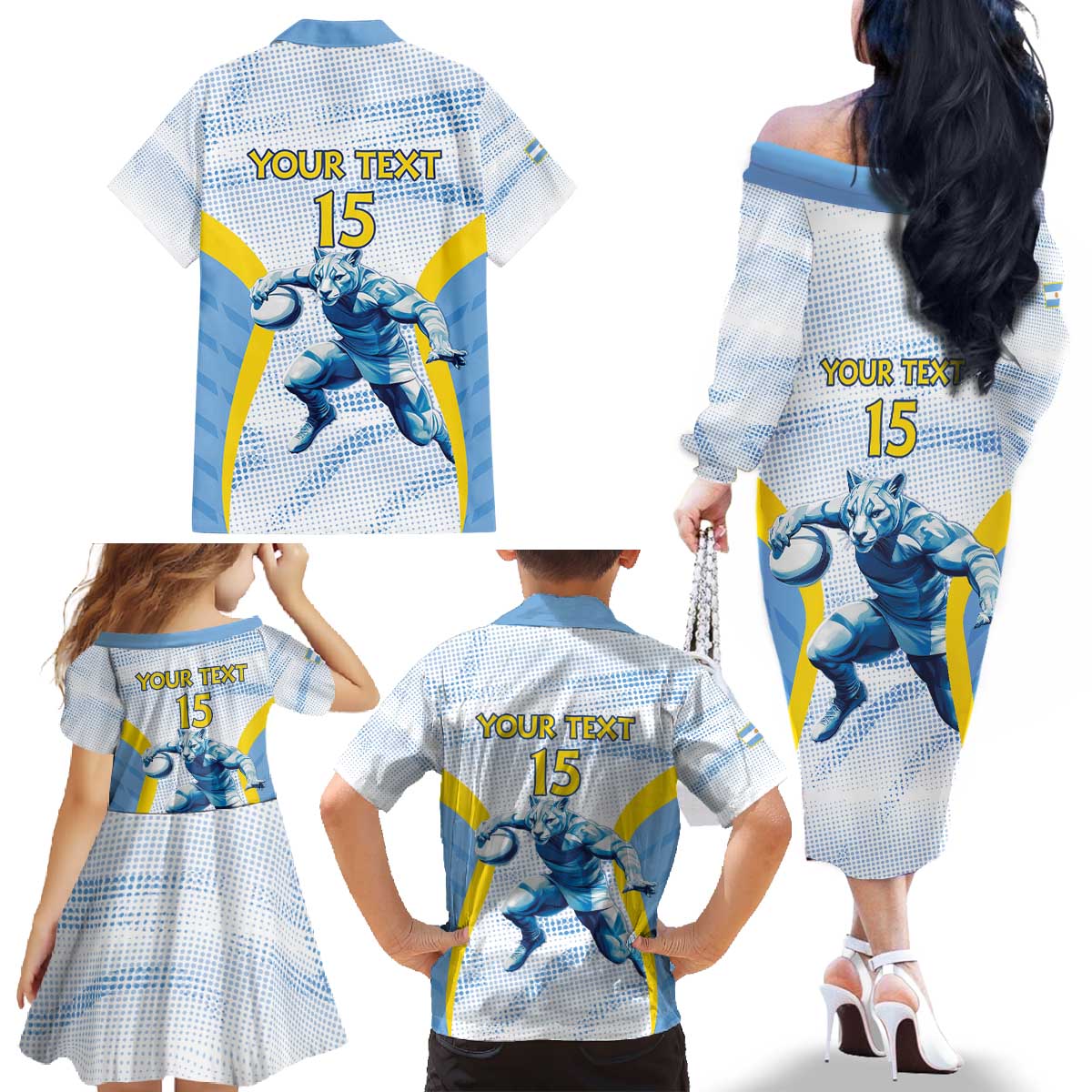 Argentina Rugby Custom Family Matching Off The Shoulder Long Sleeve Dress and Hawaiian Shirt Pumas Mascot - Sporty Style