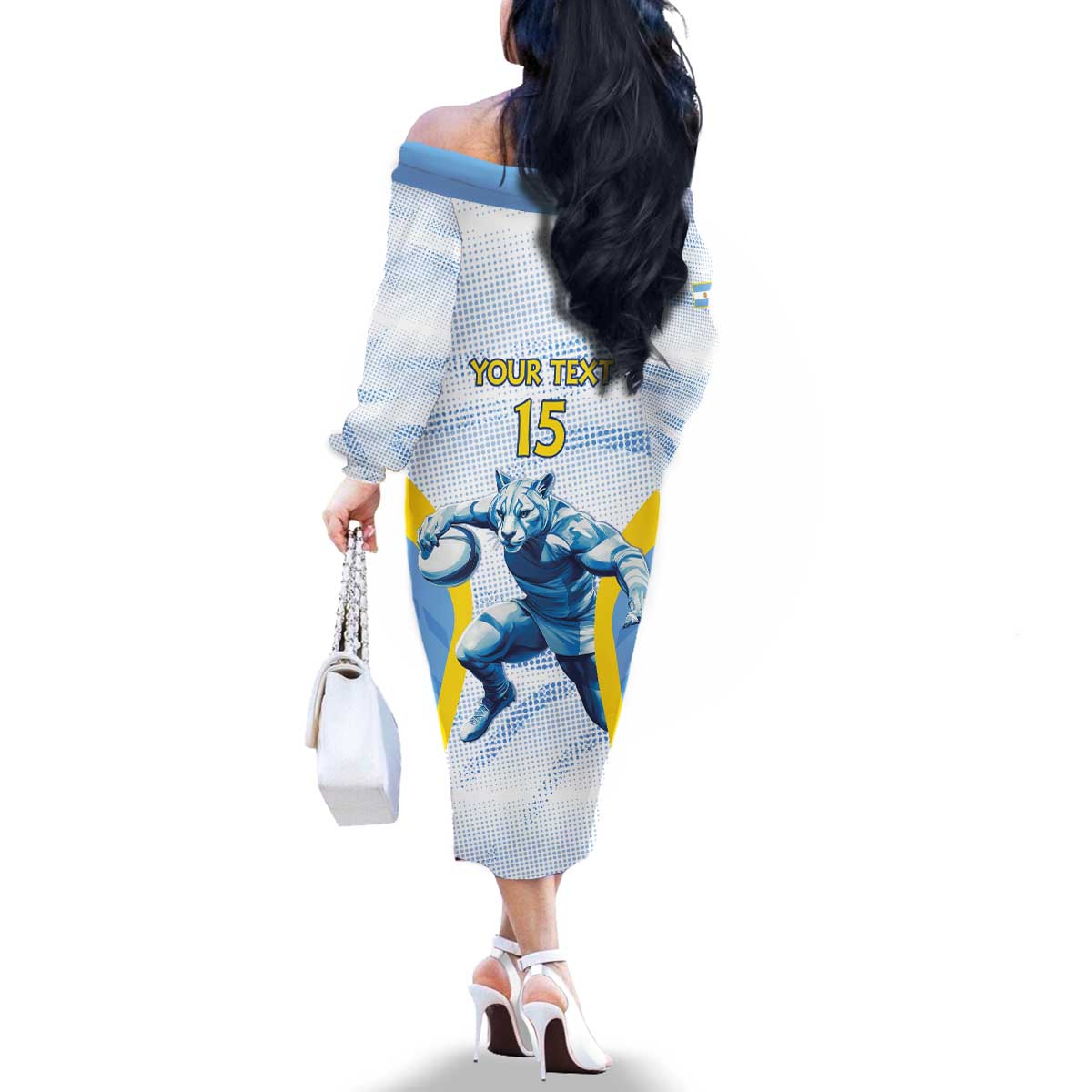 Argentina Rugby Custom Family Matching Off The Shoulder Long Sleeve Dress and Hawaiian Shirt Pumas Mascot - Sporty Style