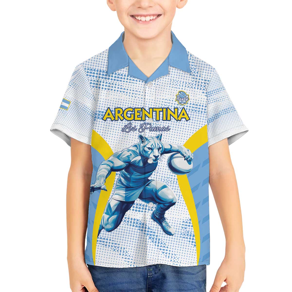 Argentina Rugby Custom Family Matching Off The Shoulder Long Sleeve Dress and Hawaiian Shirt Pumas Mascot - Sporty Style