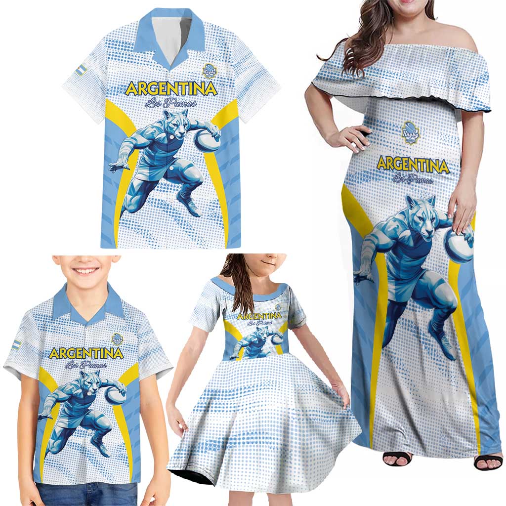 Argentina Rugby Custom Family Matching Off Shoulder Maxi Dress and Hawaiian Shirt Pumas Mascot - Sporty Style