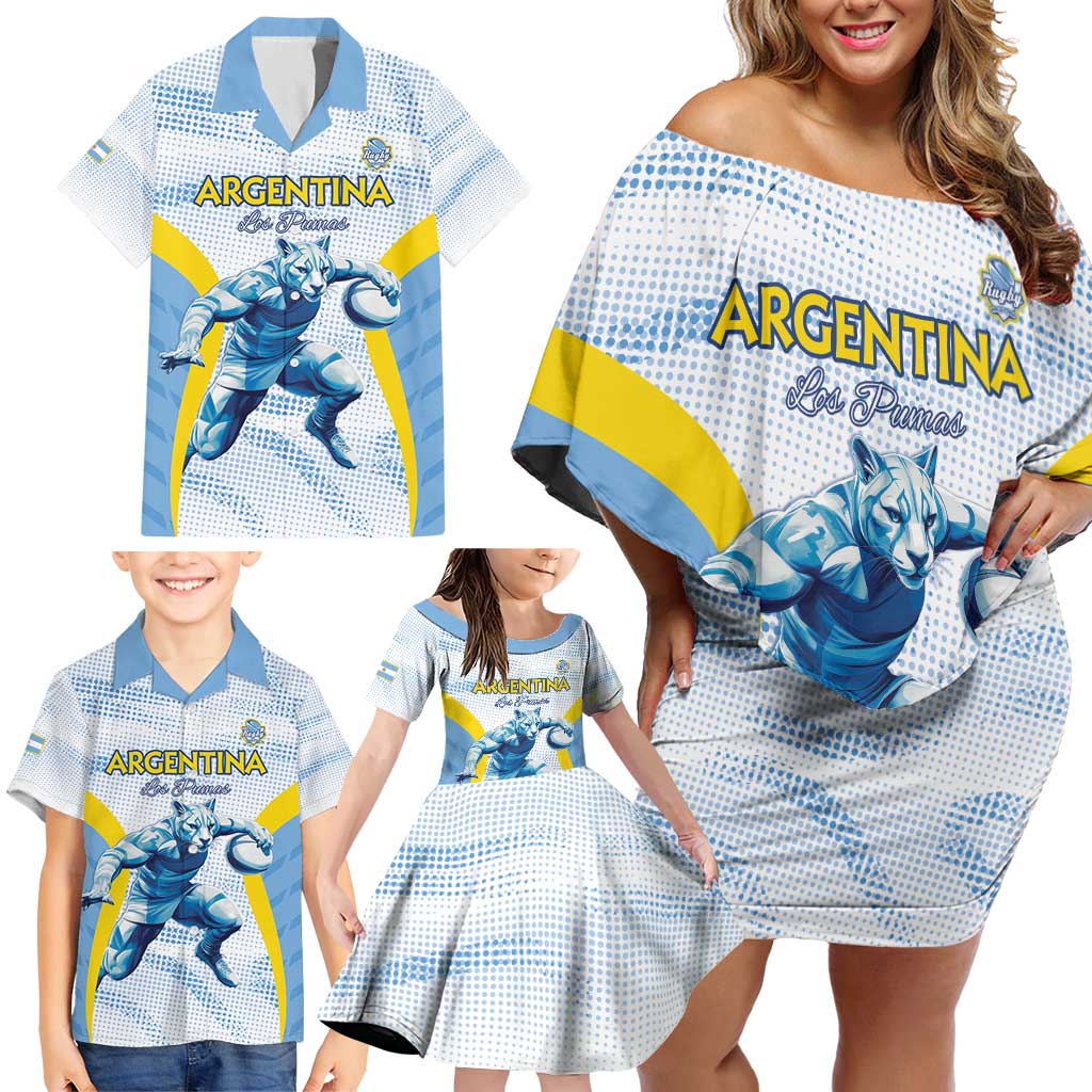 Argentina Rugby Custom Family Matching Off Shoulder Short Dress and Hawaiian Shirt Pumas Mascot - Sporty Style