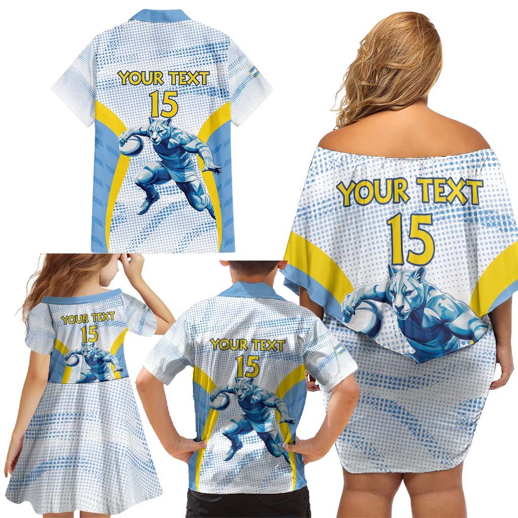 Argentina Rugby Custom Family Matching Off Shoulder Short Dress and Hawaiian Shirt Pumas Mascot - Sporty Style