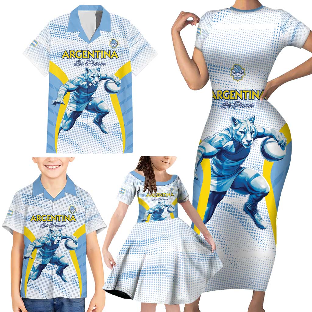 Argentina Rugby Custom Family Matching Short Sleeve Bodycon Dress and Hawaiian Shirt Pumas Mascot - Sporty Style