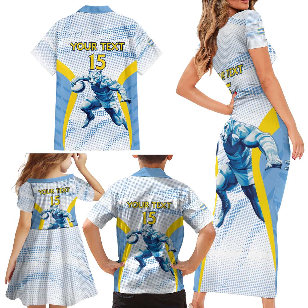 Argentina Rugby Custom Family Matching Short Sleeve Bodycon Dress and Hawaiian Shirt Pumas Mascot - Sporty Style
