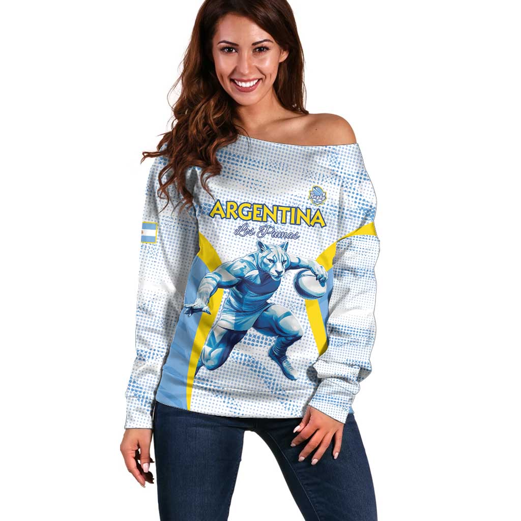 Argentina Rugby Custom Off Shoulder Sweater Pumas Mascot - Sporty Style