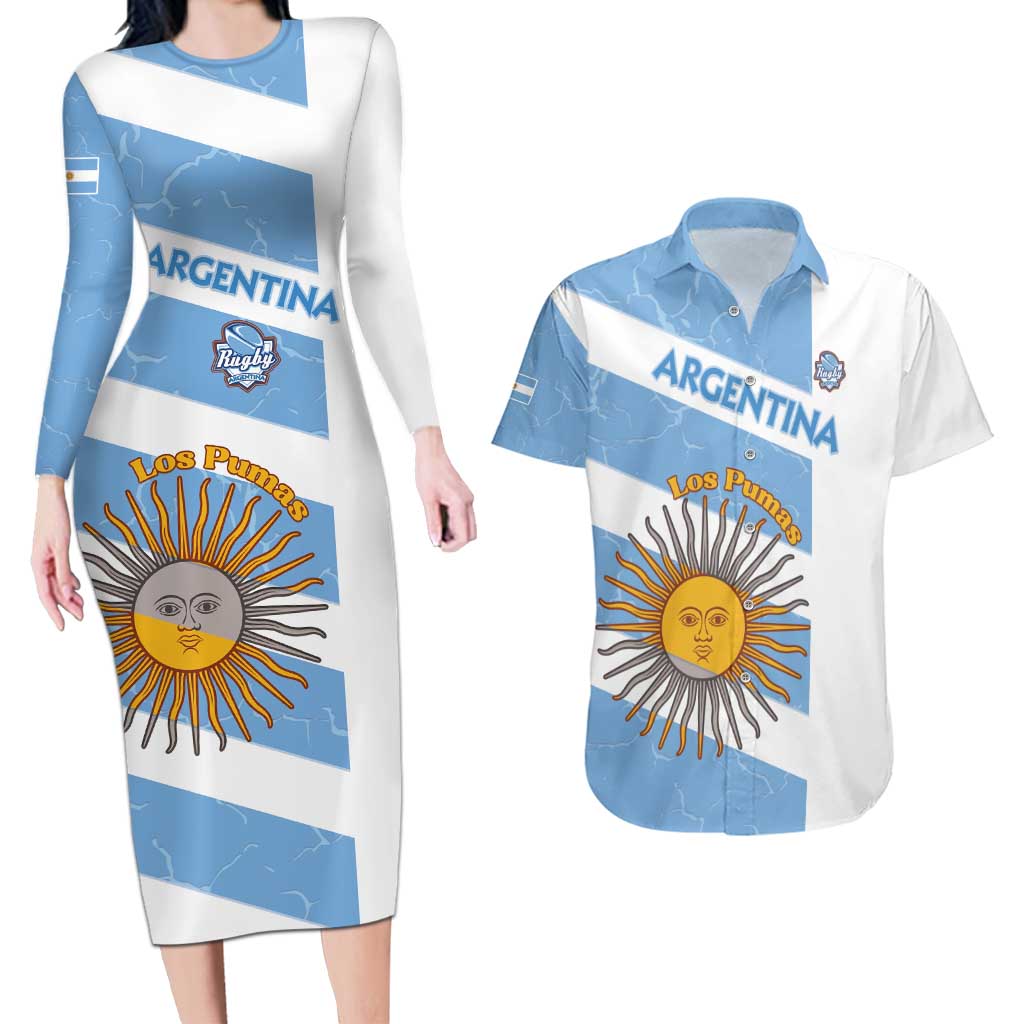 Argentina Rugby Custom Couples Matching Long Sleeve Bodycon Dress and Hawaiian Shirt Go Los Pumas