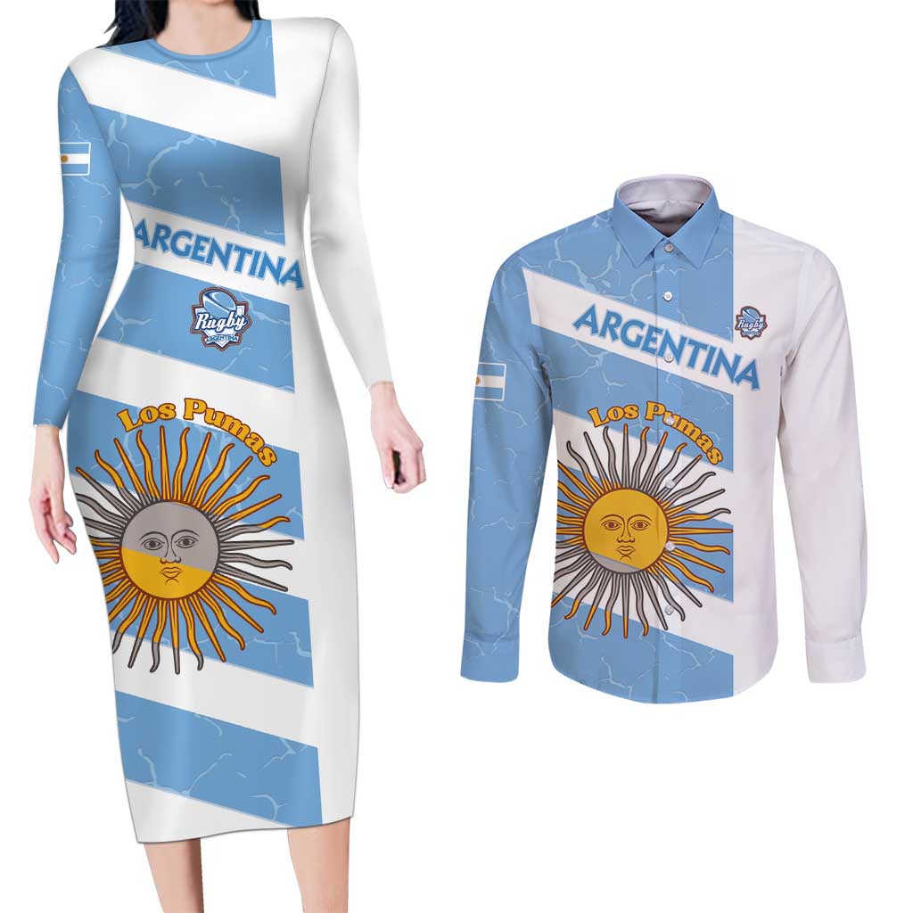 Argentina Rugby Custom Couples Matching Long Sleeve Bodycon Dress and Long Sleeve Button Shirt Go Los Pumas