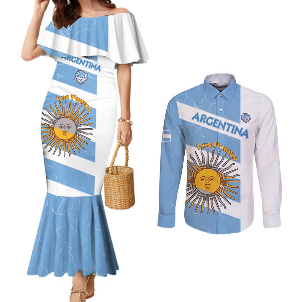 Argentina Rugby Custom Couples Matching Mermaid Dress and Long Sleeve Button Shirt Go Los Pumas