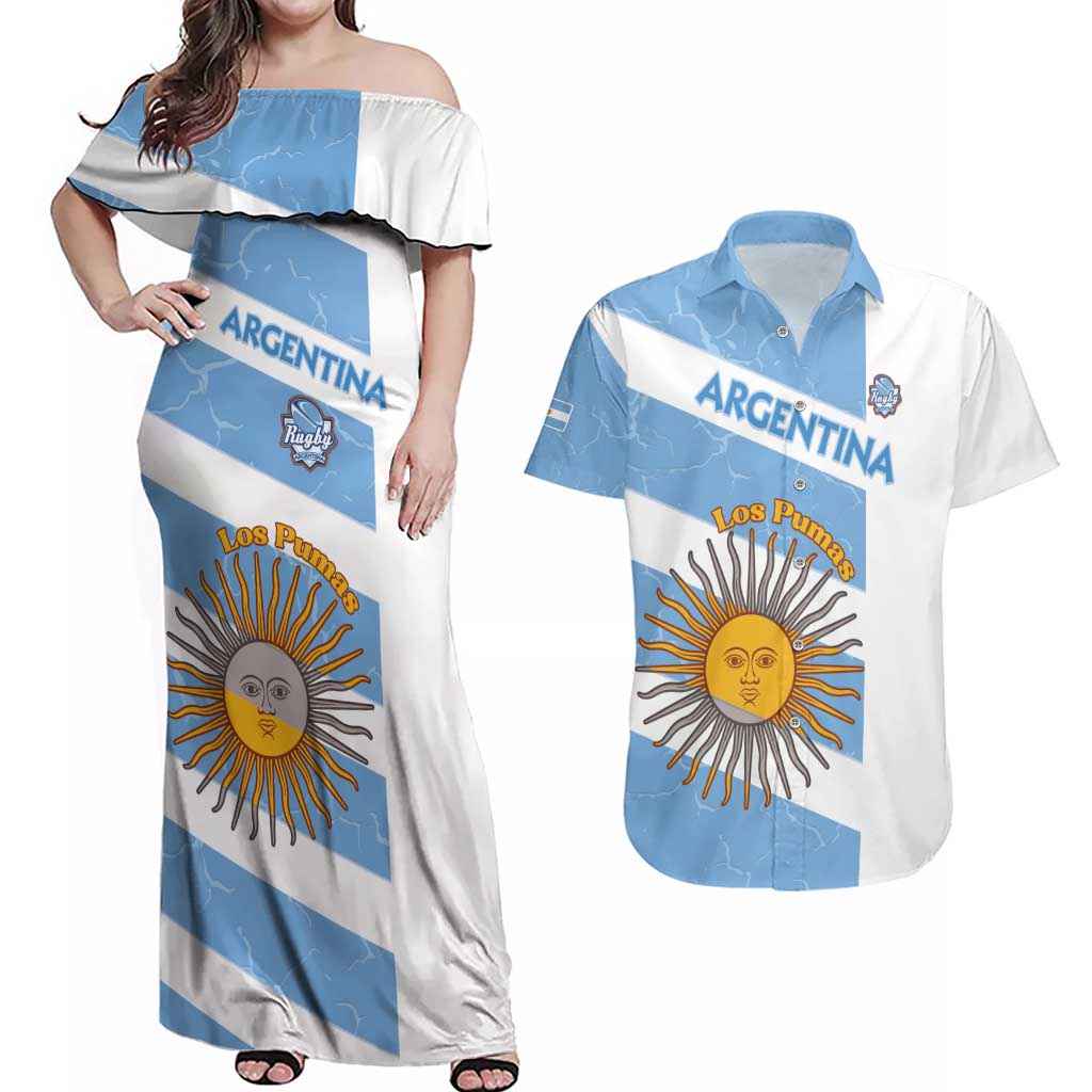 Argentina Rugby Custom Couples Matching Off Shoulder Maxi Dress and Hawaiian Shirt Go Los Pumas