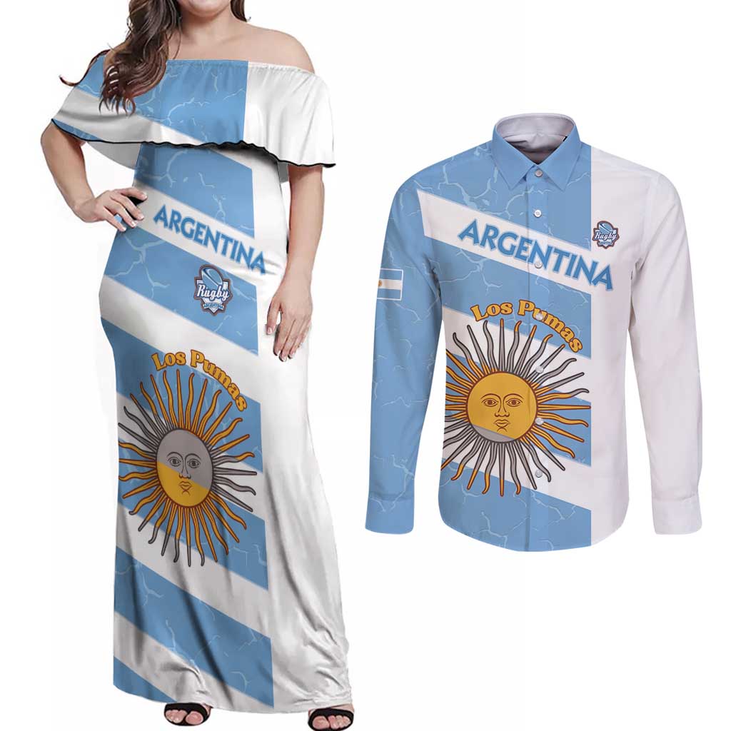 Argentina Rugby Custom Couples Matching Off Shoulder Maxi Dress and Long Sleeve Button Shirt Go Los Pumas