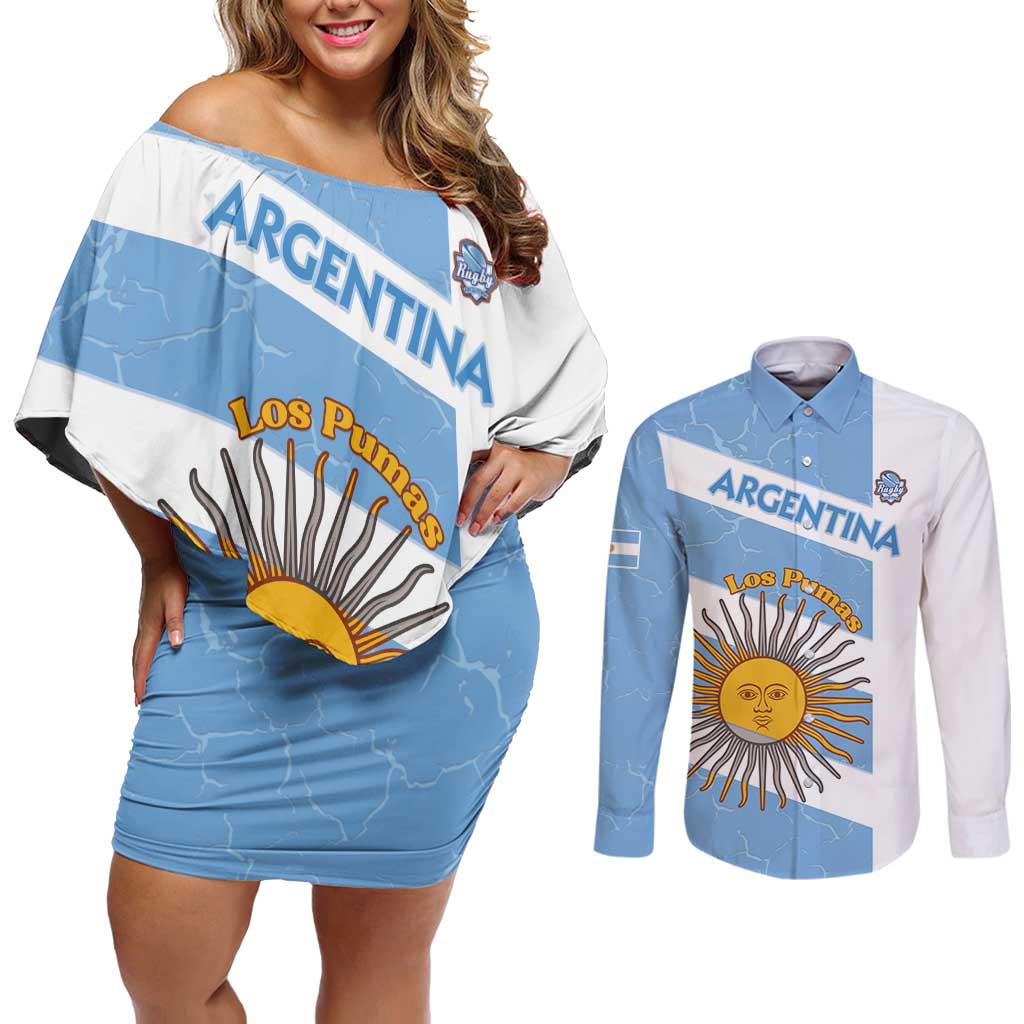 Argentina Rugby Custom Couples Matching Off Shoulder Short Dress and Long Sleeve Button Shirt Go Los Pumas