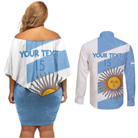 Argentina Rugby Custom Couples Matching Off Shoulder Short Dress and Long Sleeve Button Shirt Go Los Pumas