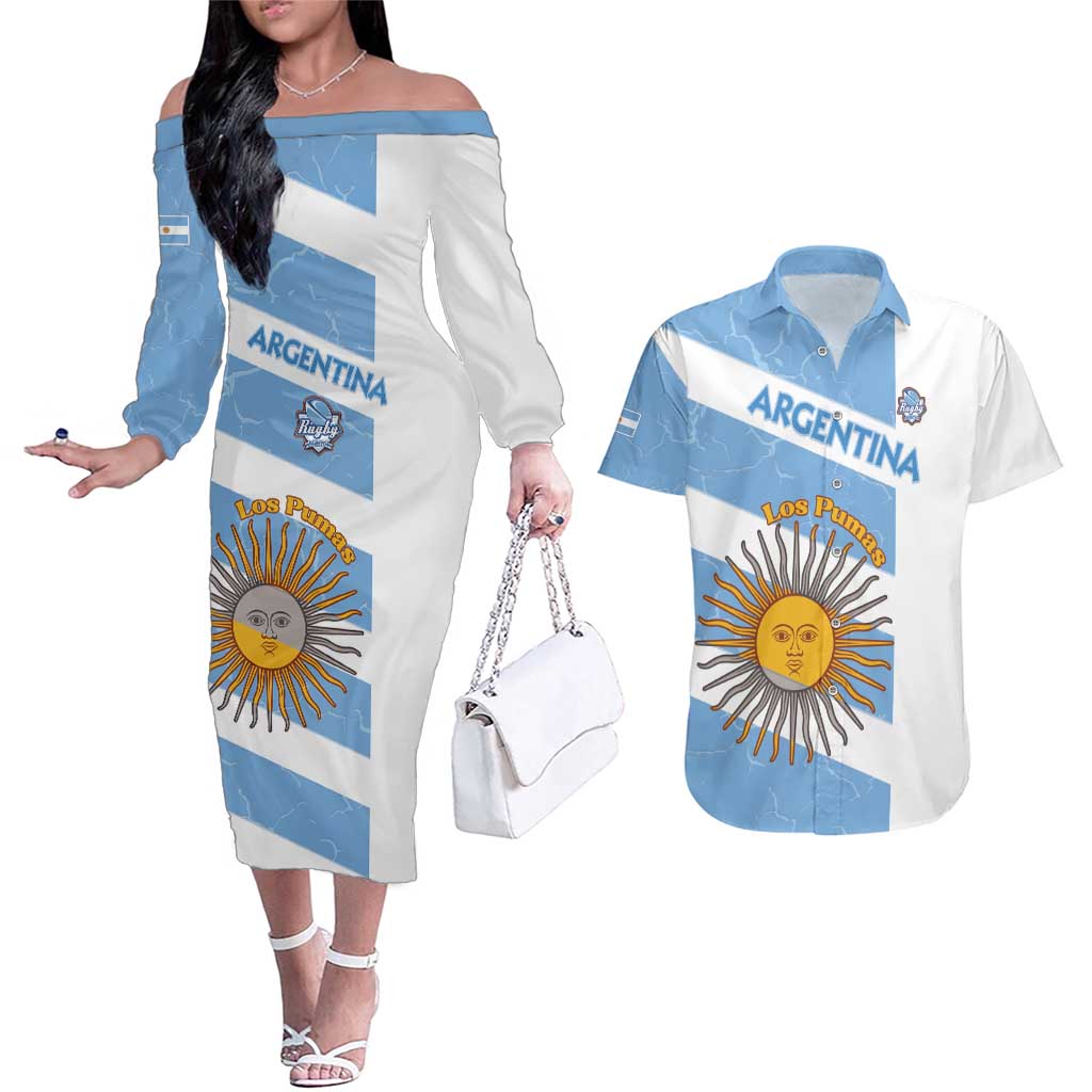 Argentina Rugby Custom Couples Matching Off The Shoulder Long Sleeve Dress and Hawaiian Shirt Go Los Pumas