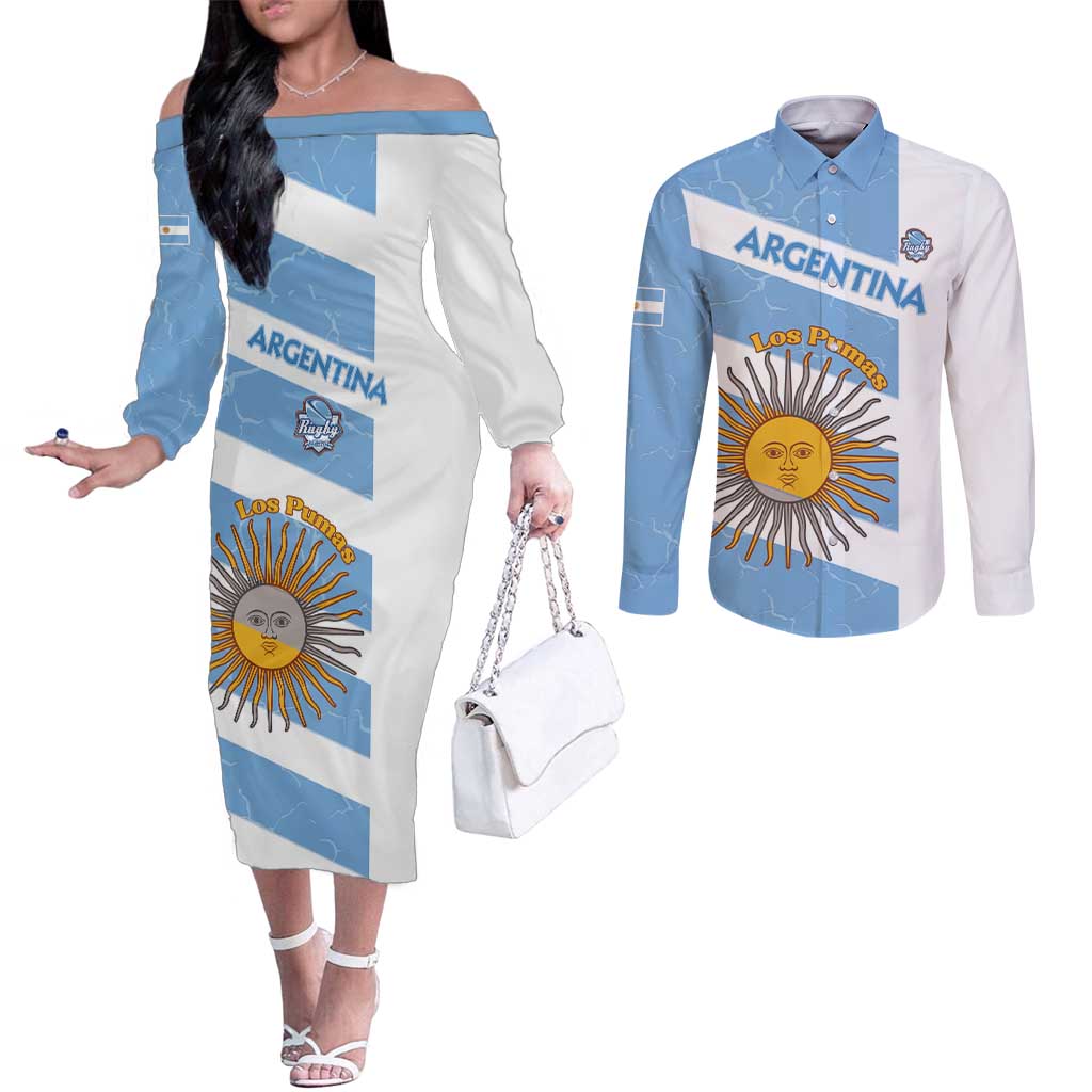 Argentina Rugby Custom Couples Matching Off The Shoulder Long Sleeve Dress and Long Sleeve Button Shirt Go Los Pumas
