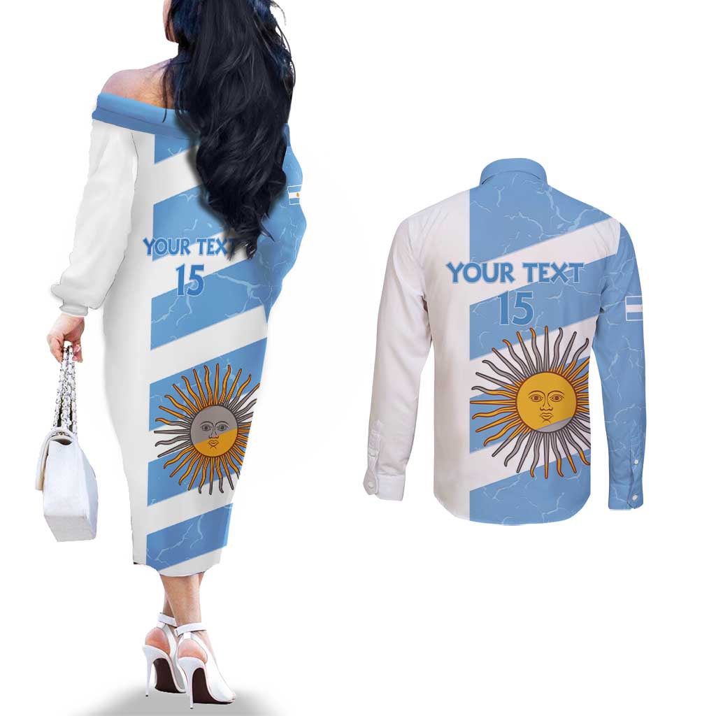 Argentina Rugby Custom Couples Matching Off The Shoulder Long Sleeve Dress and Long Sleeve Button Shirt Go Los Pumas