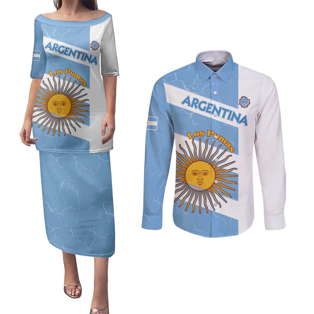 Argentina Rugby Custom Couples Matching Puletasi and Long Sleeve Button Shirt Go Los Pumas