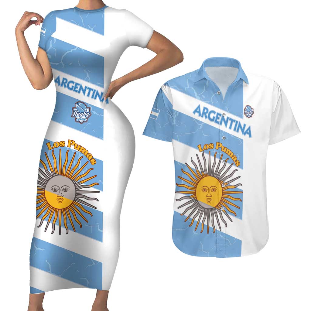 Argentina Rugby Custom Couples Matching Short Sleeve Bodycon Dress and Hawaiian Shirt Go Los Pumas
