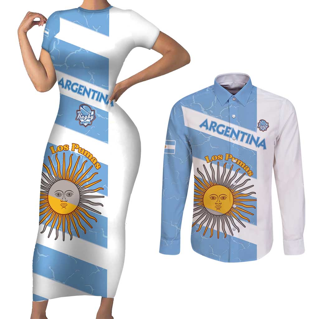 Argentina Rugby Custom Couples Matching Short Sleeve Bodycon Dress and Long Sleeve Button Shirt Go Los Pumas