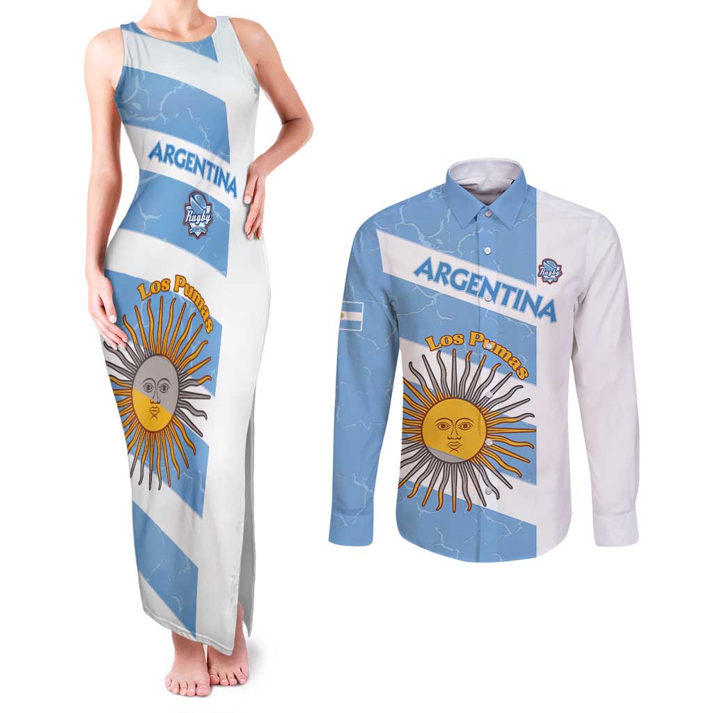 Argentina Rugby Custom Couples Matching Tank Maxi Dress and Long Sleeve Button Shirt Go Los Pumas