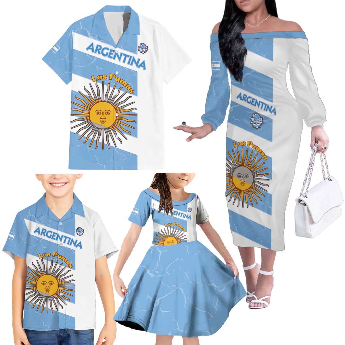 Argentina Rugby Custom Family Matching Off The Shoulder Long Sleeve Dress and Hawaiian Shirt Go Los Pumas