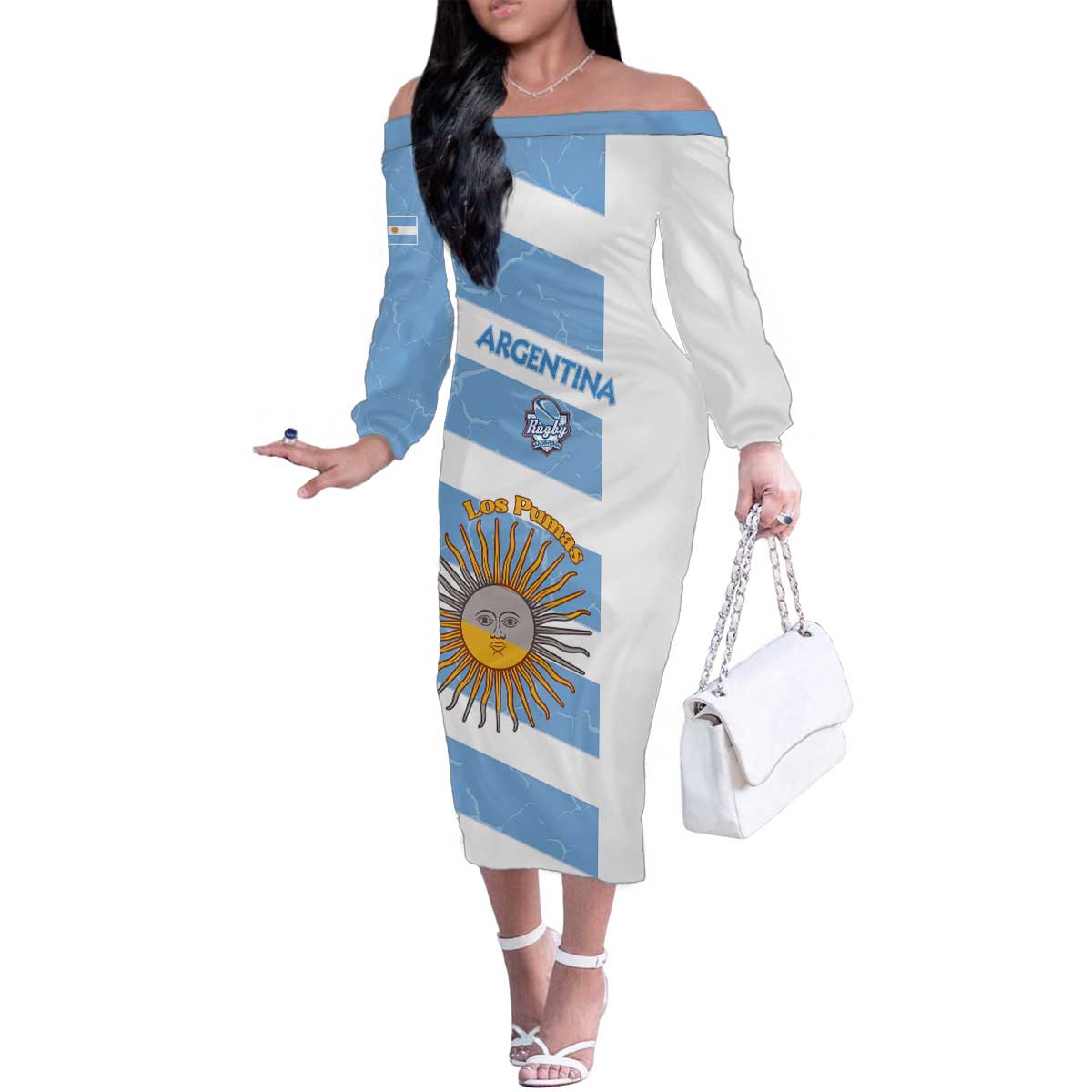 Argentina Rugby Custom Family Matching Off The Shoulder Long Sleeve Dress and Hawaiian Shirt Go Los Pumas