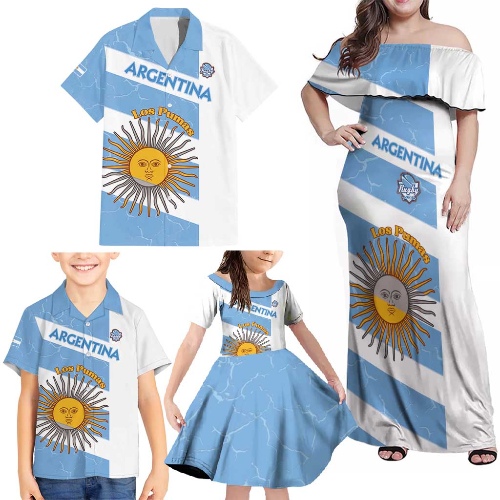 Argentina Rugby Custom Family Matching Off Shoulder Maxi Dress and Hawaiian Shirt Go Los Pumas