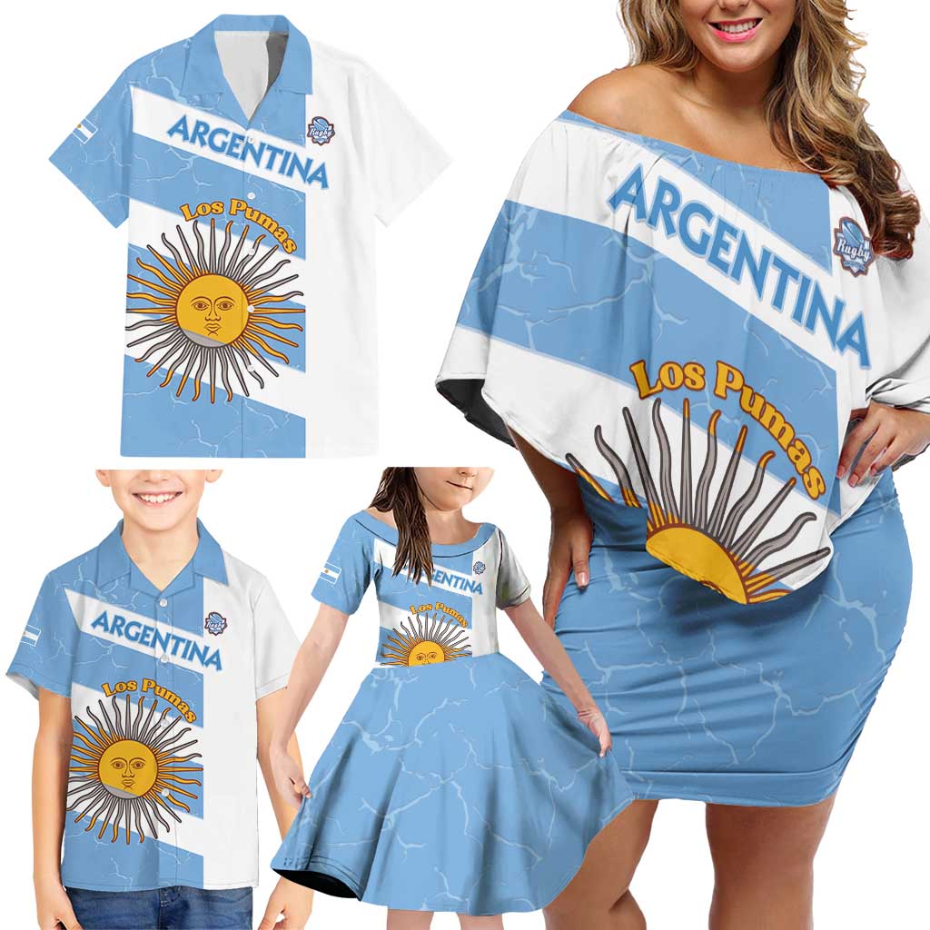 Argentina Rugby Custom Family Matching Off Shoulder Short Dress and Hawaiian Shirt Go Los Pumas