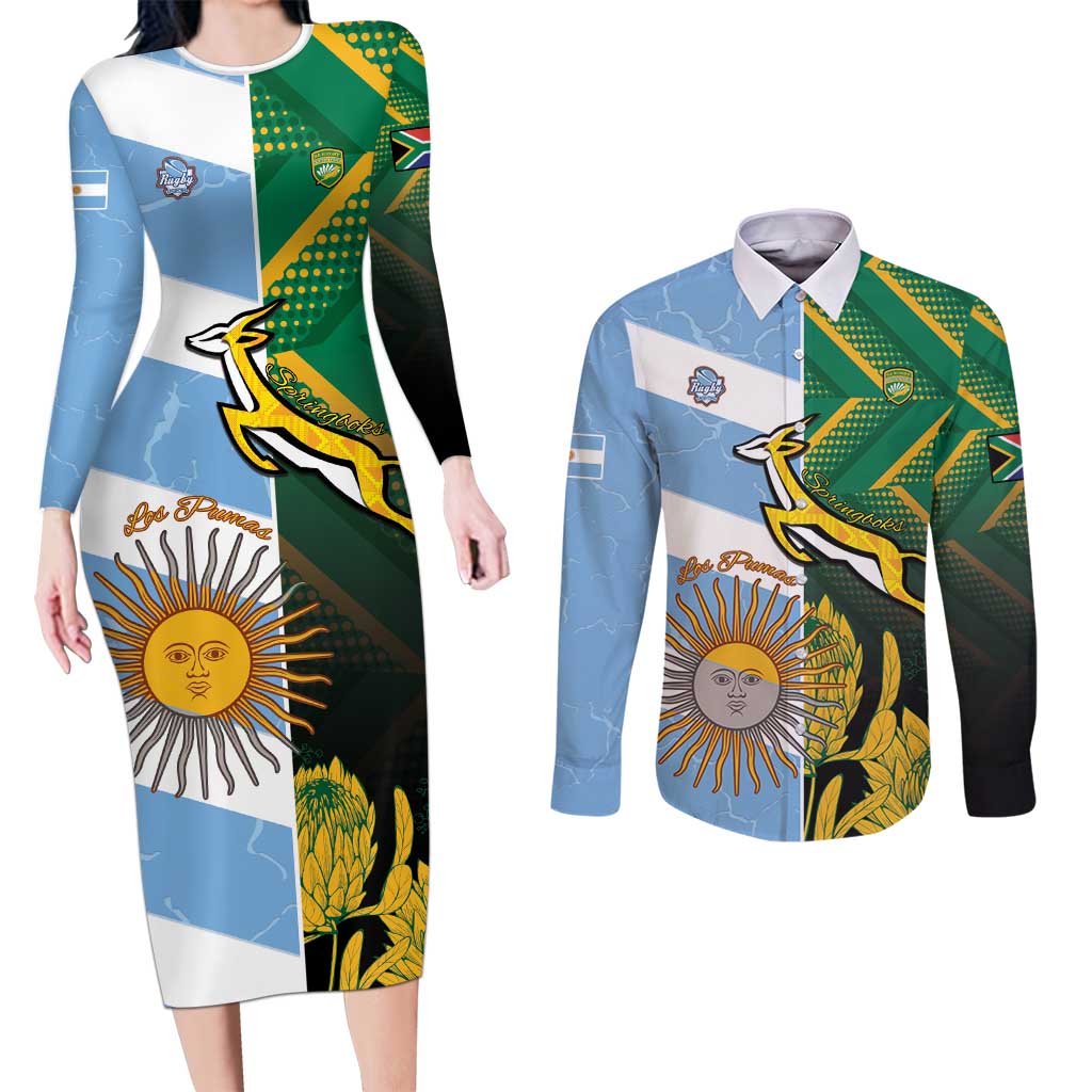 South Africa and Argentina Rugby Personalized Couples Matching Long Sleeve Bodycon Dress and Long Sleeve Button Shirt Springboks With Los Pumas