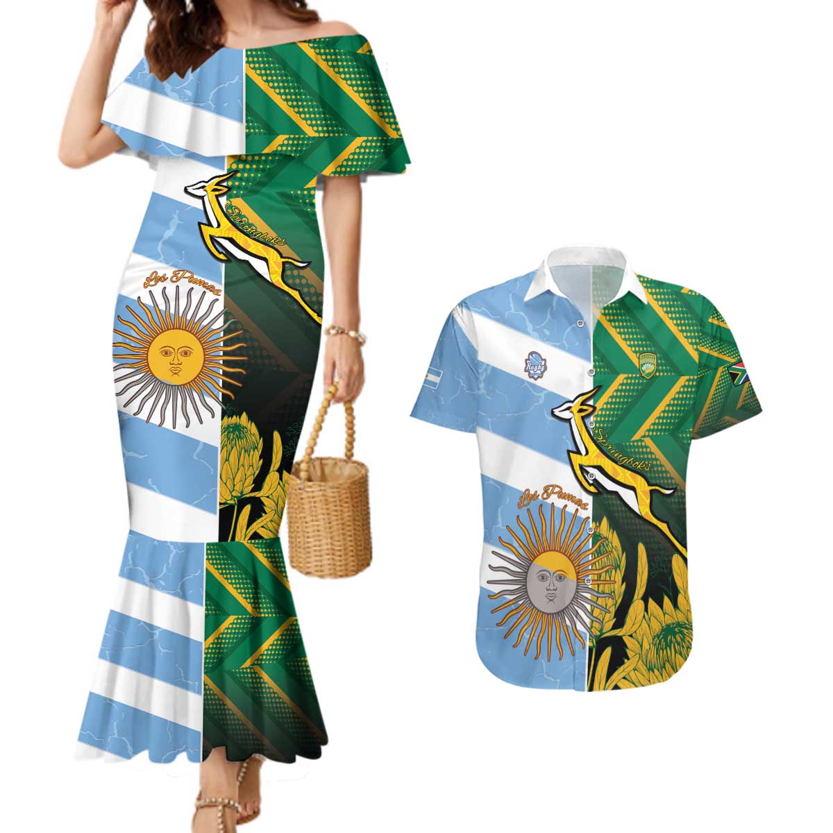 South Africa and Argentina Rugby Personalized Couples Matching Mermaid Dress and Hawaiian Shirt Springboks With Los Pumas